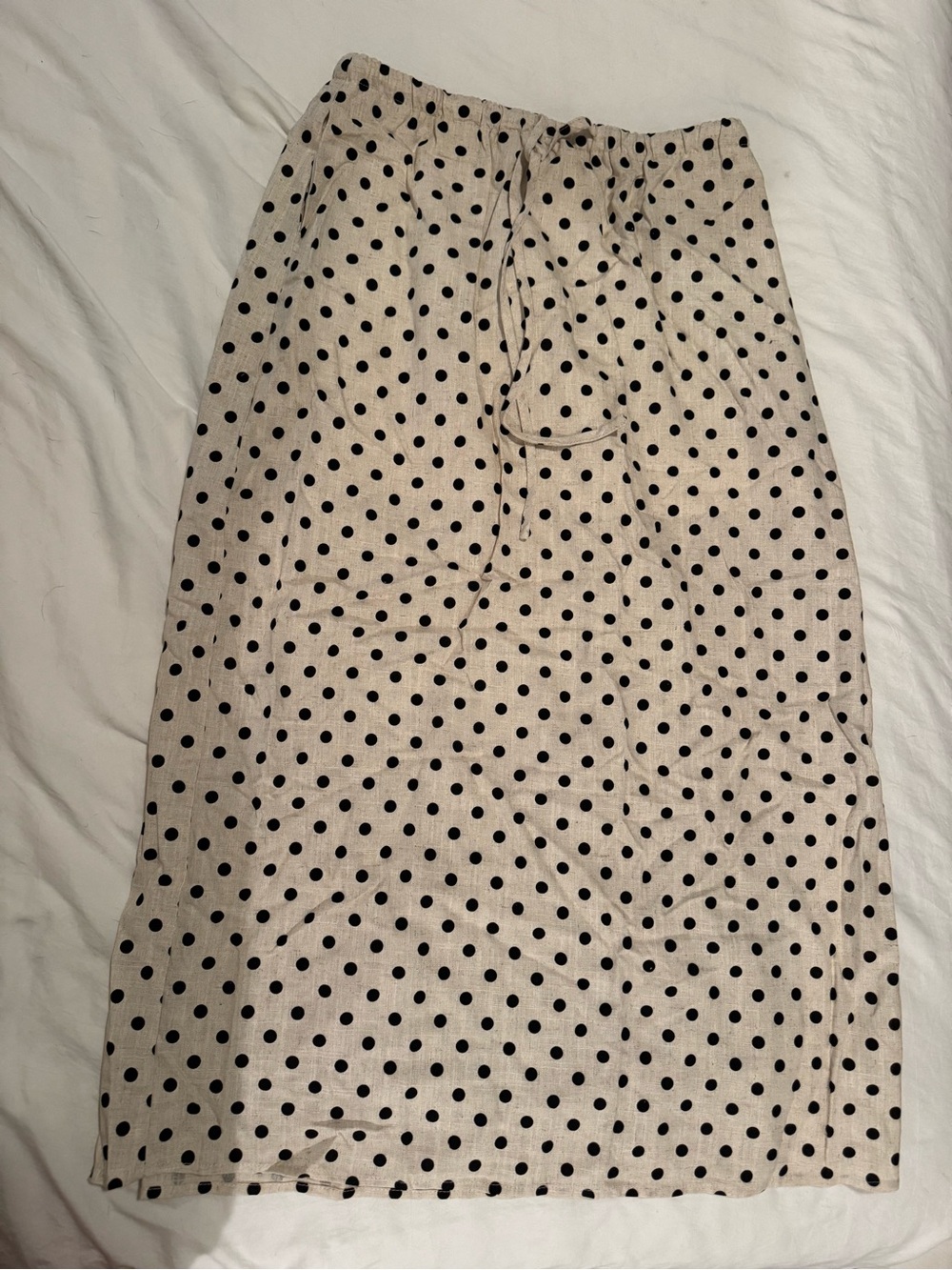 Beige Polka Dot Midi Skirt with Drawstring Waist